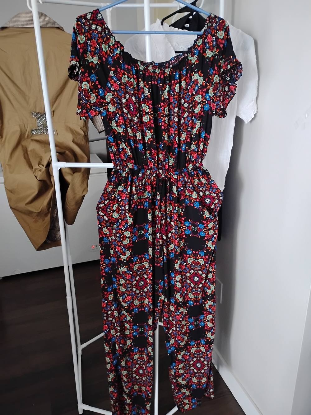 RUNAWAY CHILD Women's Smoky Floral Off-Shoulder Jumpsuit with Elastic Waist